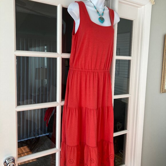 Talbot's Fit & Flare Coral Tiered Eyelet Ruffle Midi Dress Medium - Picture 10 of 13